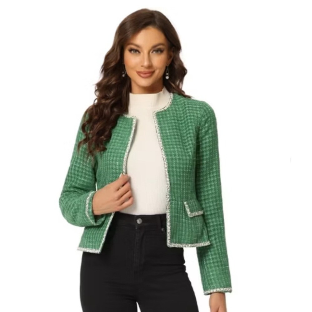 Allegra K Green Tweed Open‎ Front Blazer Jacket Contrast Trim Womens L